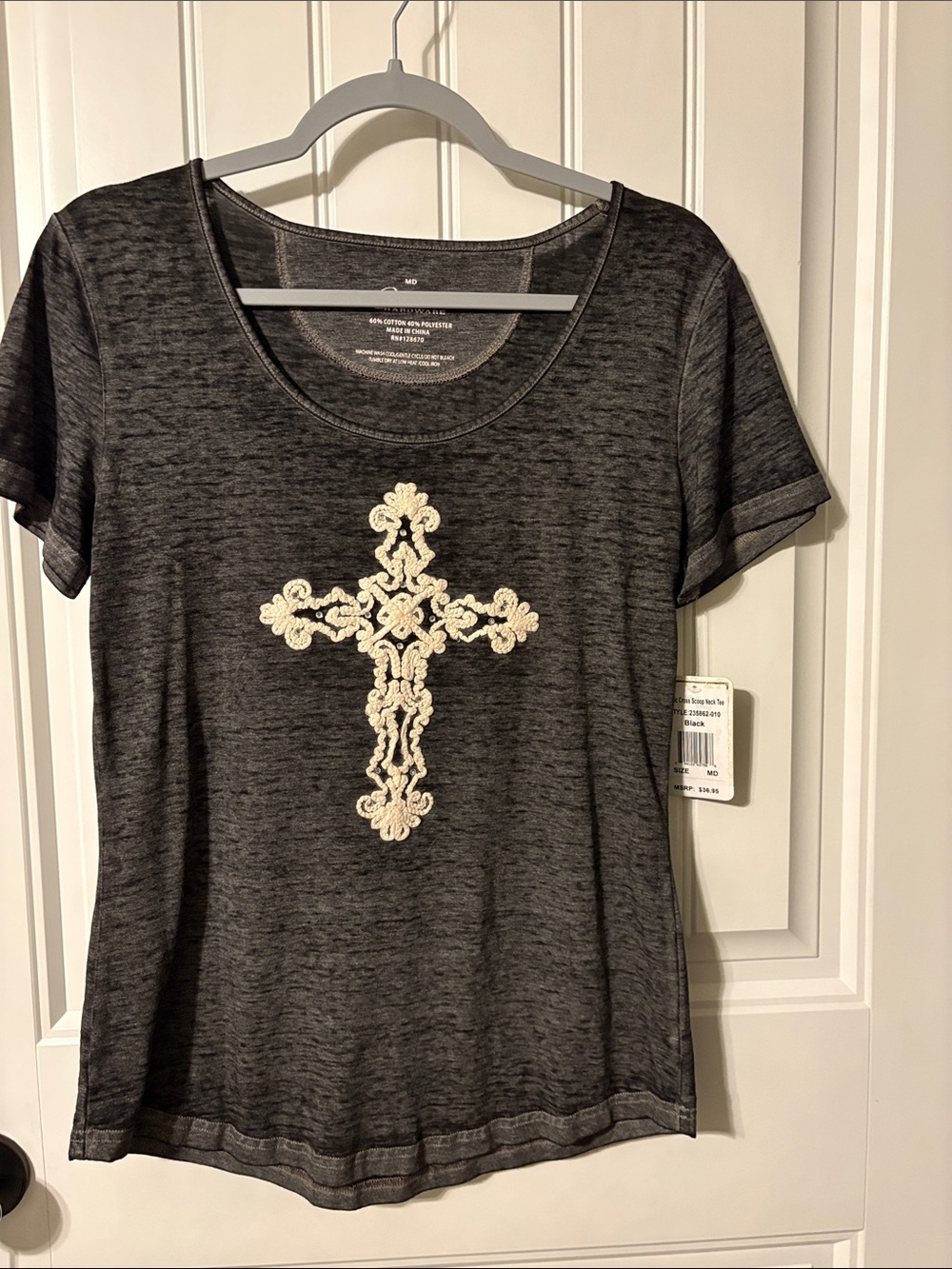 Women's Charcoal Short Sleeve Tee with Cream Cross Applique